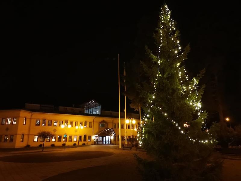 julgran med belysning framför upplyst kommunhus i vinternatten