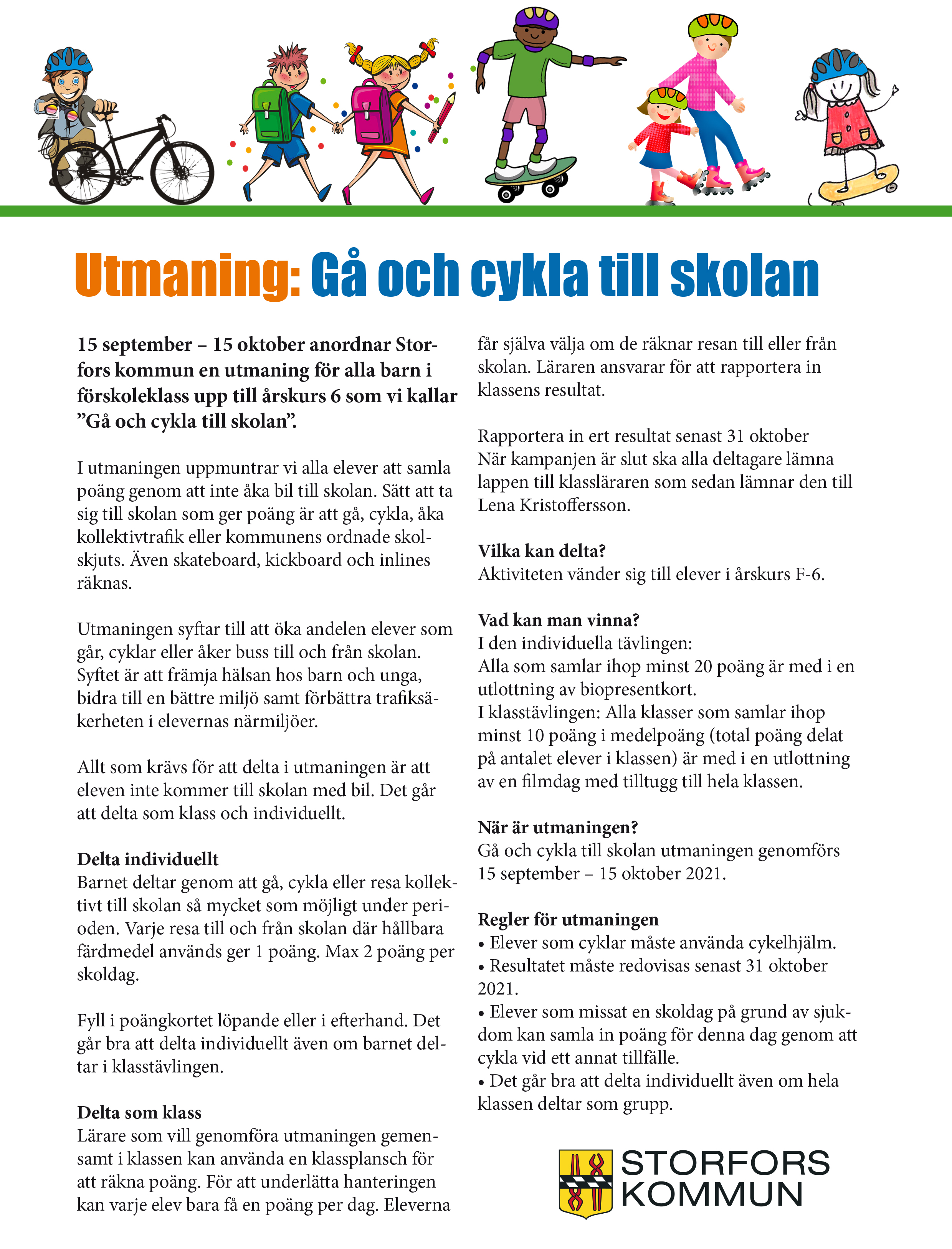 Utmaning i Storfors: Cykla eller gå till skolan - Storfors Kommun