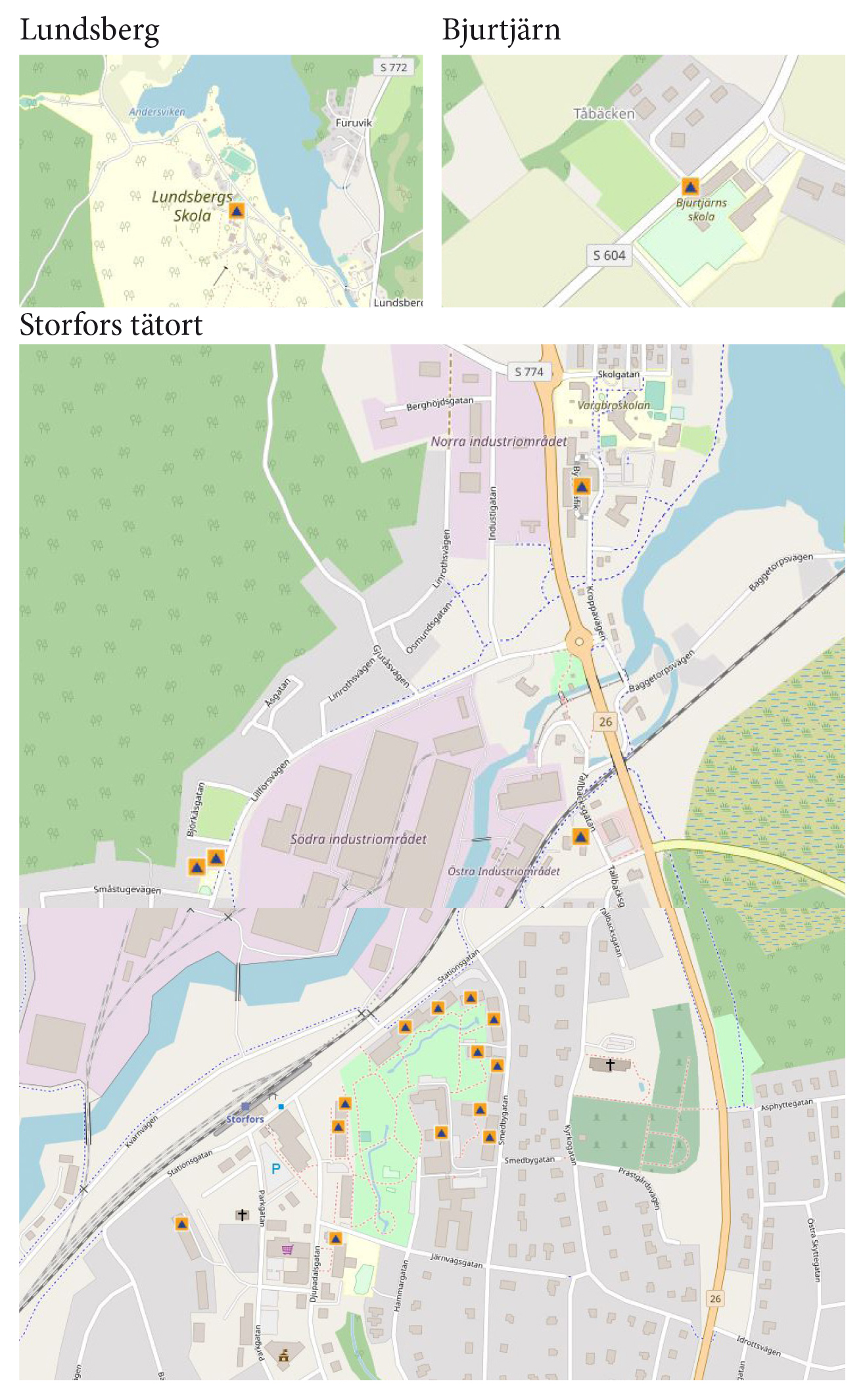 Karta över Storfors med skyddsrum markerade.