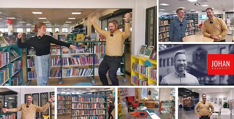 Collage med bilder på kommunchefen på biblioteket
