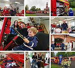 Collage av bilder inifrån och utanför brandmuséet. På största bilden sitter en pojke och kör brandbil medan föräldrarna ler i bakgrunden.